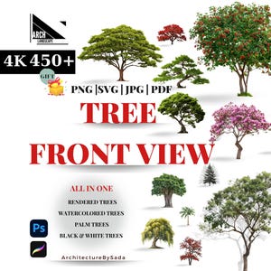 Puede incluir: Una colección de ilustraciones de árboles en vista frontal, incluyendo árboles renderizados, acuarelados, palmeras y en blanco y negro. La imagen incluye el texto "TREE FRONT VIEW" y "ALL IN ONE". La imagen está etiquetada como "300PPI 4K 450+".