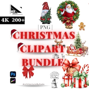Christmas Cart PNG Clipart Bundle 200 Ornaments Gift Designs Christmas Tree, Festive Photo Frame Clip Art for Cards, Crafts and Scrapbooking