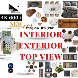 May include: A digital collection of top-view architectural design assets including furniture, textures, and decor elements. The image features text reading ARCH LANDSCAPE, 300PPI 4K 600+ NEW, PNG | SVG | JPG | PDF, INTERIOR EXTERIOR TOP VIEW, and ArchitectureBySada.