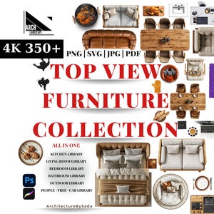 Op de afbeelding: Top view meubels collectie met meer dan 350 hoge resolutie afbeeldingen in PNG, SVG, JPG en PDF formaten. De collectie omvat keuken, woonkamer, slaapkamer, badkamer, buiten, mensen, boom en auto meubels.