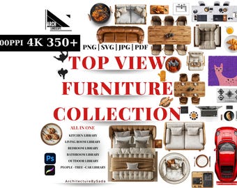 Coleção de Móveis PNG com Vista Superior – Bibliotecas para Cozinha, Sala de Jantar, Sala de Estar, Quarto, Banheiro e Área Externa | Clipart para Arquitetos e Designers