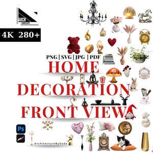 May include: A collection of home decor items, including a chandelier, vases, clocks, and decorative objects. The image features the text "HOME DECORATION FRONT VIEW" and "300PPI 4K 280+". The items are arranged on a white background.