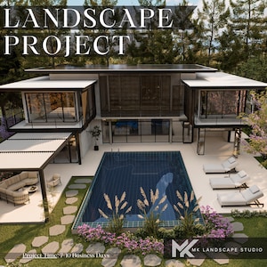 May include: Architectural rendering of a modern house with a swimming pool. The house has large windows and a flat roof. The pool is surrounded by lounge chairs and landscaping. Text on the image reads "LANDSCAPE PROJECT" and "MK LANDSCAPE STUDIO".