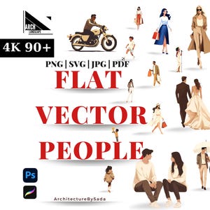 Op de afbeelding: Digitale illustratie met een verscheidenheid aan platte vectorpersonen in verschillende poses en activiteiten. De afbeelding bevat een motorfiets, mensen die winkelen en een stel in trouwkleding. Tekst bevat "FLAT VECTOR PEOPLE".