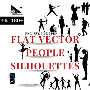 Peut inclure: Ensemble de silhouettes vectorielles plates noires représentant des personnes dans diverses activités, telles que le sport et la musique. Le texte "FLAT VECTOR PEOPLE SILHOUETTES" et "300PPI 4K 180+" est inclus.