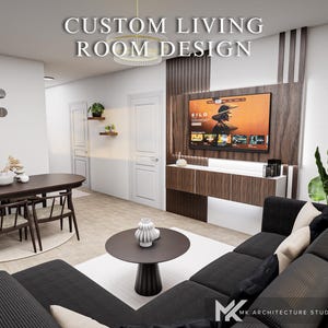 May include: A living room design featuring a dark gray sectional sofa, a round coffee table, and a dining area with a dark wood table and chairs. A wall-mounted television displays the text SILO above a floating cabinet with wood paneling.