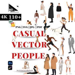 May include: Digital illustration of casual vector people in diverse poses. The image includes the text "CASUAL VECTOR PEOPLE" and "300PPI 4K 110+". The image also includes the text "PNG | SVG | JPG | PDF".