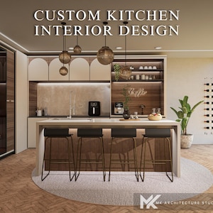 Puede incluir: Un diseño de interior de cocina moderno con una isla central, cuatro taburetes de bar negros, armarios de madera e iluminación colgante cálida. El texto CUSTOM KITCHEN INTERIOR DESIGN aparece arriba con la marca MK ARCHITECTURE STUDIO.