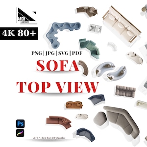 Könnte beinhalten: Eine Sammlung von Top-Down-Ansichten verschiedener Sofadesigns. Die Sofas sind in verschiedenen Formen, Größen und Farben, darunter Beige, Braun und Grau. Das Bild enthält den Text "SOFA TOP VIEW" und "300PPI 4K 80+".