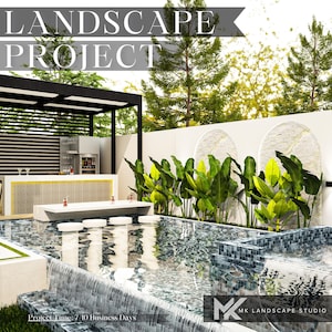 Puede incluir: Un renderizado de proyecto paisajístico que muestra una piscina con azulejos de mosaico azules, una barra blanca con cuatro taburetes y una estructura de pérgola negra. Incluye plantas verdes frente a un muro blanco con arcos de piedra.