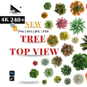 May include: A collection of various tree illustrations, viewed from above, in a variety of colors and styles. The image includes text that reads "NEW TREE TOP VIEW" and file type options. The image also includes the text "ArchitectureBySada".