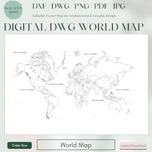 Digital DWG World Map | dxf, dwg, png, pdf, jpg | Editable Vector Map for Architectural & Graphic Design