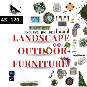 Könnte beinhalten: Eine Sammlung von über 120 hochauflösenden Grafiken von Landschaften, Gartenmöbeln und Pflanzen in den Formaten PNG, SVG, JPG und PDF. Die Grafiken eignen sich perfekt für den Einsatz in der Architektur, Landschaftsgestaltung und anderen kreativen Projekten. 300PPI 4K 120+