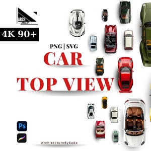 Puede incluir: Vista superior de varios coches de juguete de diferentes colores, incluyendo blanco, rojo, verde y amarillo. La imagen incluye el texto "CAR TOP VIEW" en letras rojas grandes, junto con los logotipos de Adobe Photoshop y Procreate.