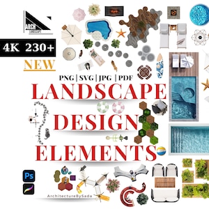 May include: A collection of landscape design elements, including pools, furniture, and decorative items. The image features the text "LANDSCAPE DESIGN ELEMENTS" and "ArchitectureBySada". The image also includes the text "300PPI 4K 230+" and "NEW".