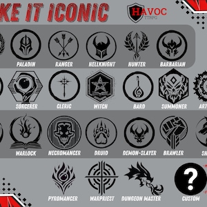 May include: A graphic featuring 20 black and white icons representing various character classes, such as Fighter, Paladin, and Ranger, for a tabletop role-playing game. The text "MAKE IT ICONIC" is at the top, with the game's logo. A custom icon option is also available.