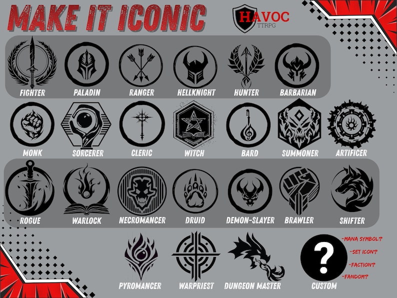 May include: A graphic featuring 20 black and white icons representing various character classes, such as Fighter, Paladin, and Ranger, for a tabletop role-playing game. The text "MAKE IT ICONIC" is at the top, with the game's logo. A custom icon option is also available.