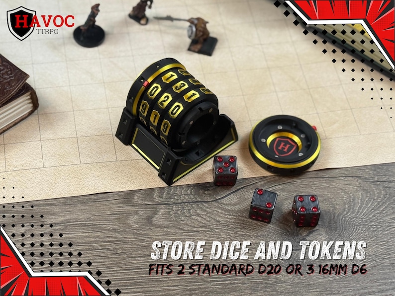 May include: Black and gold dice storage container with a combination lock design, a dice tray, and three red dice. The text "STORE DICE AND TOKENS" is visible. The container fits 2 standard D20 or 3 16mm D6 dice.
