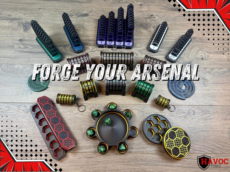 May include: A collection of gaming accessories in various colors, including dice trays, dice towers, and combination lock boxes. The text "FORGE YOUR ARSENAL" is displayed across the image. The accessories are arranged on a wooden surface.