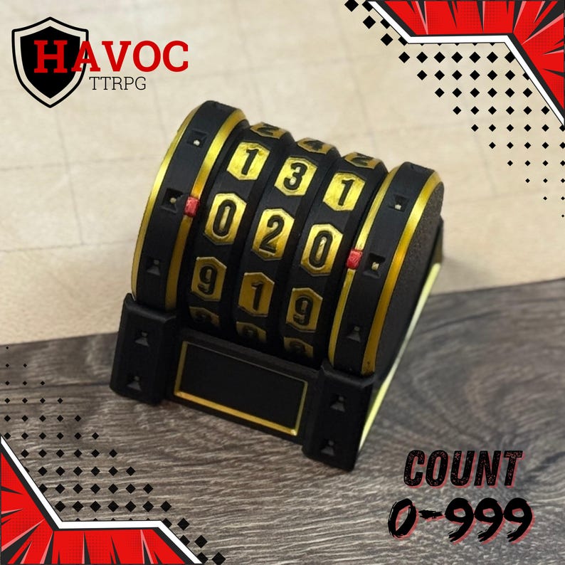 May include: A black and gold combination lock with the numbers 131, 020, and 919 displayed. The lock has a rectangular base and a series of rotating dials. The text "HAVOC TTRPG" and "COUNT 0-999" are also visible.