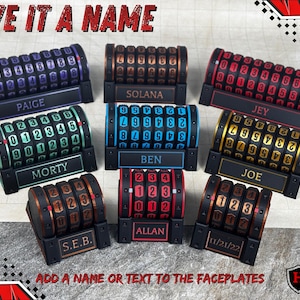 May include: A collection of personalized combination lock boxes in various colors, each with a name or text on a faceplate. The boxes feature rotating number dials and the text "GIVE IT A NAME" at the top.