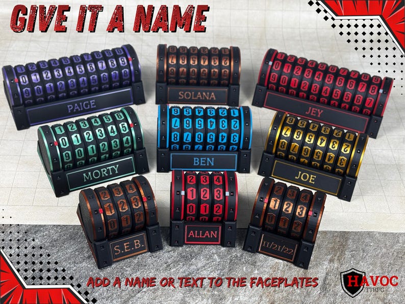 May include: A collection of personalized combination lock boxes in various colors, each with a name or text on a faceplate. The boxes feature rotating number dials and the text "GIVE IT A NAME" at the top.
