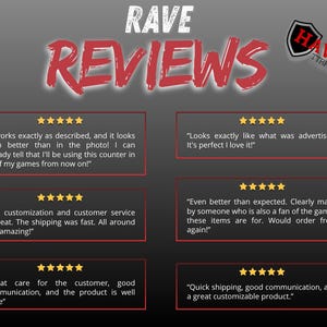 May include: A graphic with the text "RAVE REVIEWS" in white and red. The image features customer testimonials with five-star ratings, praising product quality, customization, and customer service. A logo for "HAVOC TTRPG" is in the upper right corner.