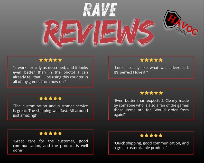 May include: A graphic with the text "RAVE REVIEWS" in white and red. The image features customer testimonials with five-star ratings, praising product quality, customization, and customer service. A logo for "HAVOC TTRPG" is in the upper right corner.