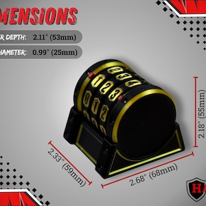 May include: Black and gold combination lock with the text "DIMENSIONS". The lock has a 2.11" (53mm) inner depth and a 0.99" (25mm) inner diameter. The base is 2.68" (68mm) wide and 2.33" (59mm) long. The lock is 2.18" (55mm) tall.