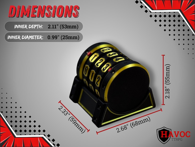 May include: Black and gold combination lock with the text "DIMENSIONS". The lock has a 2.11" (53mm) inner depth and a 0.99" (25mm) inner diameter. The base is 2.68" (68mm) wide and 2.33" (59mm) long. The lock is 2.18" (55mm) tall.