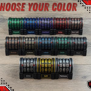 May include: Image features several combination locks in various colors, including green, blue, red, and gold. Each lock displays a unique number combination. The text "CHOOSE YOUR COLOR" is at the top, with color names like "Emerald" and "Ruby" below each lock.