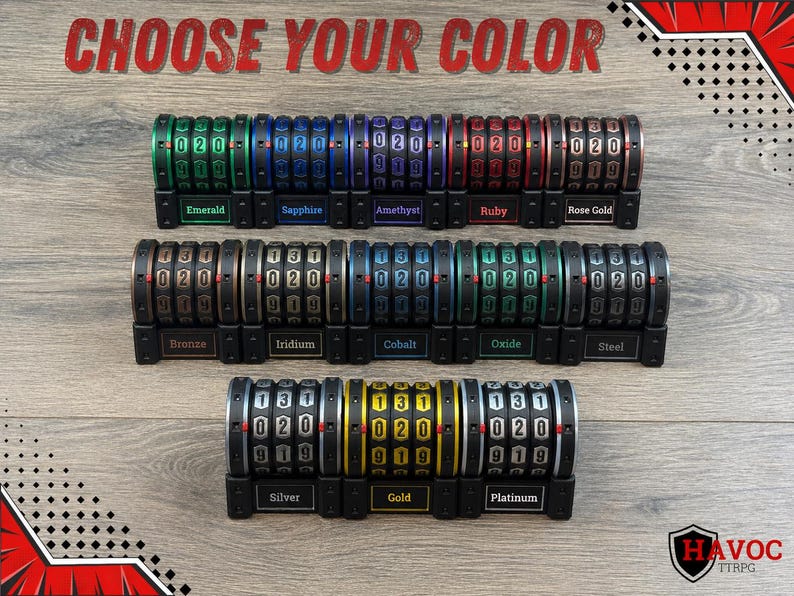 May include: Image features several combination locks in various colors, including green, blue, red, and gold. Each lock displays a unique number combination. The text "CHOOSE YOUR COLOR" is at the top, with color names like "Emerald" and "Ruby" below each lock.