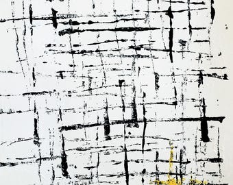 Könnte beinhalten: Abstrakte Malerei mit schwarzen Linien und einem gelben Quadrat in der rechten unteren Ecke.