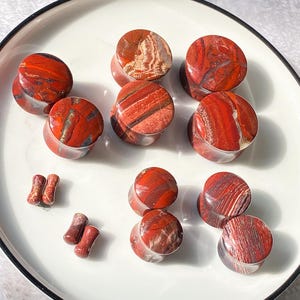 May include: A collection of red and brown stone plugs in various sizes, displayed on a white plate. The plugs have unique patterns and textures, showcasing natural variations in color and design. The plugs are likely for ear piercings.