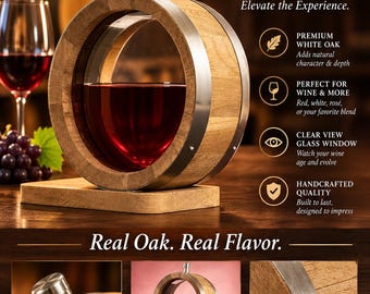 Decantador de roble blanco carbonizado para añejamiento, con cabezales de vidrio.