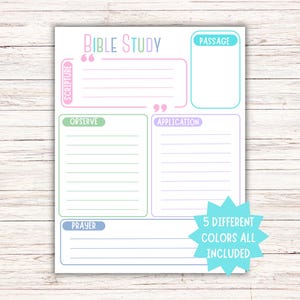 Könnte beinhalten: Druckbare Bibelstudien-Arbeitsblatt mit Abschnitten für Schrift, Beobachten, Anwendung, Gebet und Passage. Das Arbeitsblatt ist in Pastellfarben gestaltet und umfasst fünf verschiedene Farboptionen.