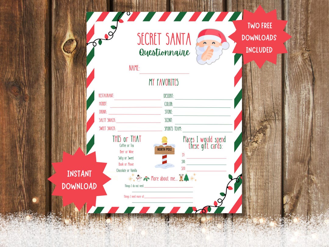 Secret Santa Printable Secret Santa Questionnaire Printable Secret ...