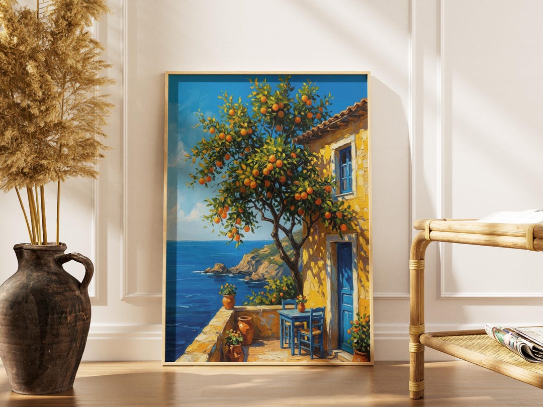Mediterranean Orange Tree Wall Art | Coastal Terrace Oil Painting Print ...
