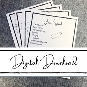 Könnte beinhalten: Druckbare Garn-Lagerkarten mit dem Text "Yarn Stash" und "Digitaler Download". Die Karten haben Felder für Garnmarke, Garnname, Garnfarbe, Farbstoffcharge, Gewicht, Lauflänge, Kaufort und Fasergehalt.