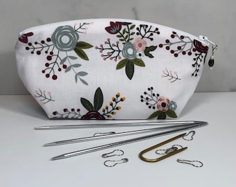 Purple Floral Knitting and Crocheting Notions Bag and Stitch Marker