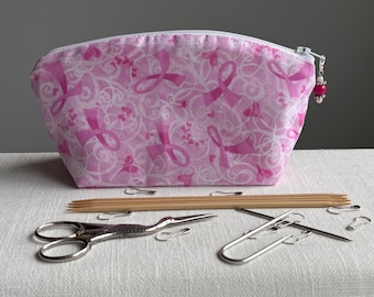 Breast Cancer Ribbon Knitting and Crochet Notions Bag and Stitch Marker