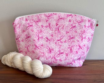 Breast Cancer Ribbon Large Knitting/ Crochet Project Bag