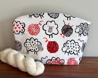 Large Knitting/ Crochet Project Bag with White Sheep Print