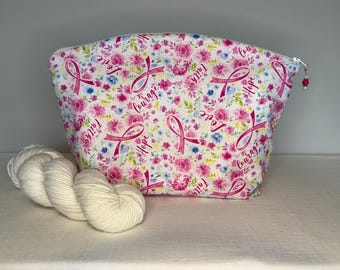 Breast Cancer Ribbon Floral Large Knitting and Crocheting Project Bag