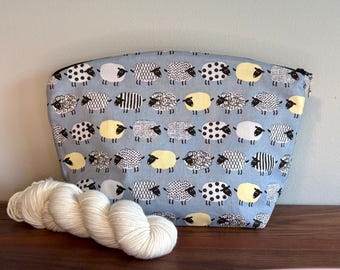 Large Knitting/ Crocheting Project Bag with Gray Sheep print