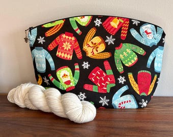 Large Knitting/ Crocheting Project Bag with Ugly Christmas Sweater Print
