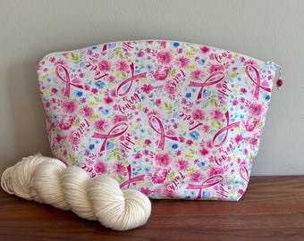 Breast Cancer Ribbon Floral Large Knitting/ Crochet Project Bag