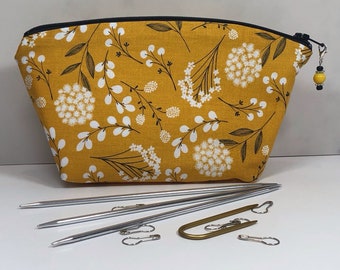 Gold Floral Knitting and Crocheting Notions Bag and Stitch Marker