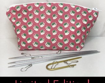 Pink and Green Teacups Knitting Notions Bag and Stitch Marker