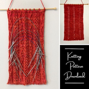 May include: A red knitted wall hanging with a cable stitch pattern and a heart-shaped design. The hanging has a wooden dowel at the top and is decorated with a variety of knitting needles. The text "Knitting Pattern Download" is visible in the image.